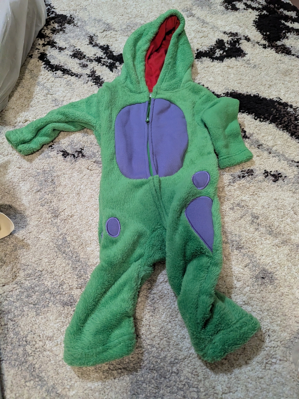 Kids Green Plush One-Piece Hooded Romper with Purple Accents